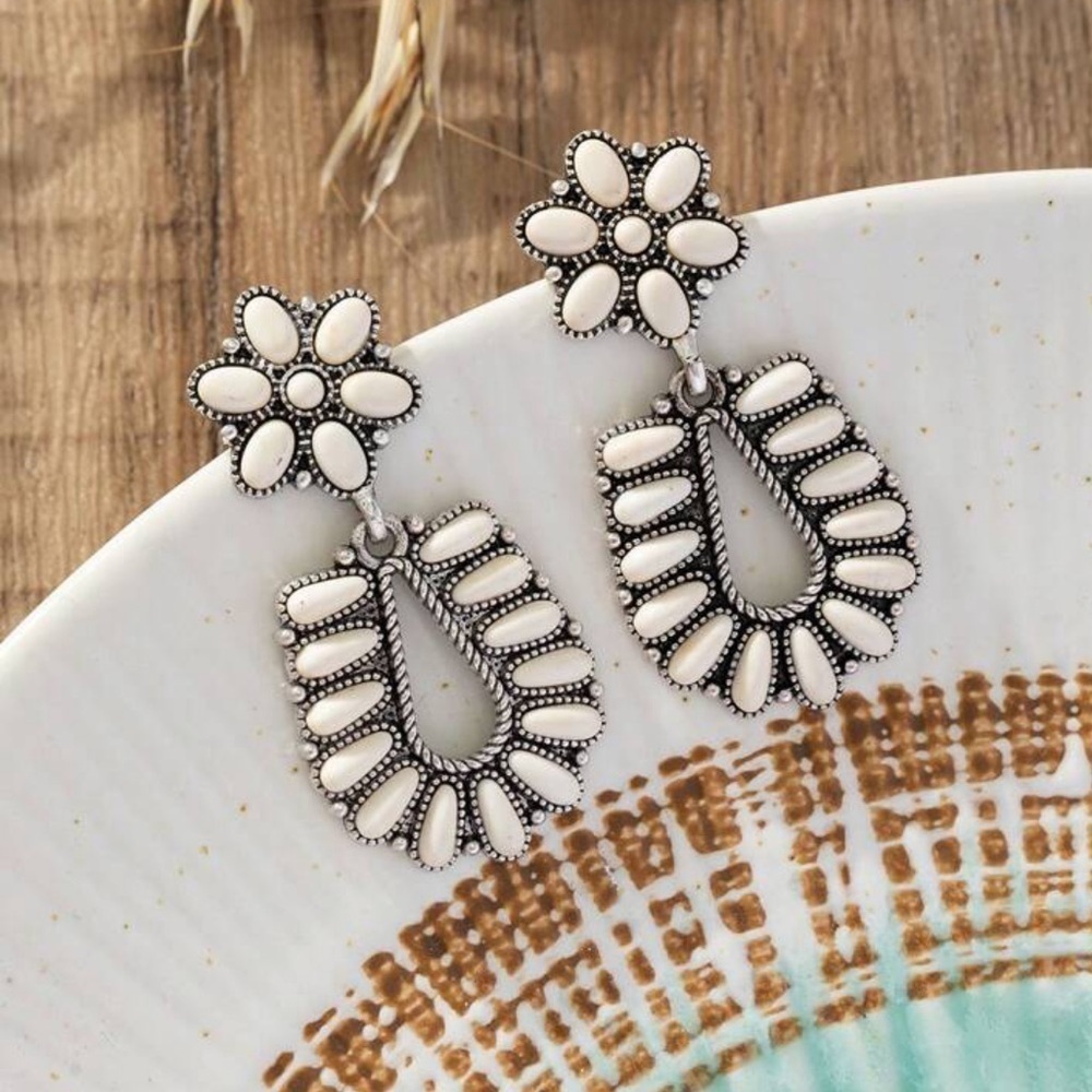 Western White Stone Statement Earrings Silver Boho Cowgirl Coastal Cowgirl Fest